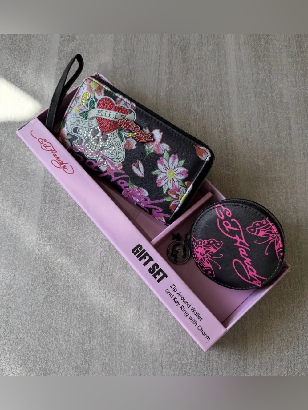 NWT Ed Hardy Black Wallet and Round Coin Pouch with Pink Floral Accents